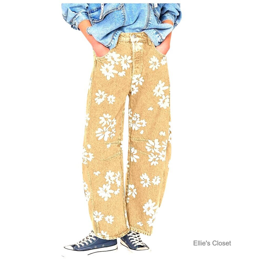 Distressed Barrel Jeans Baggy Wide Leg Floral Printed Patchwork Denim Pants
